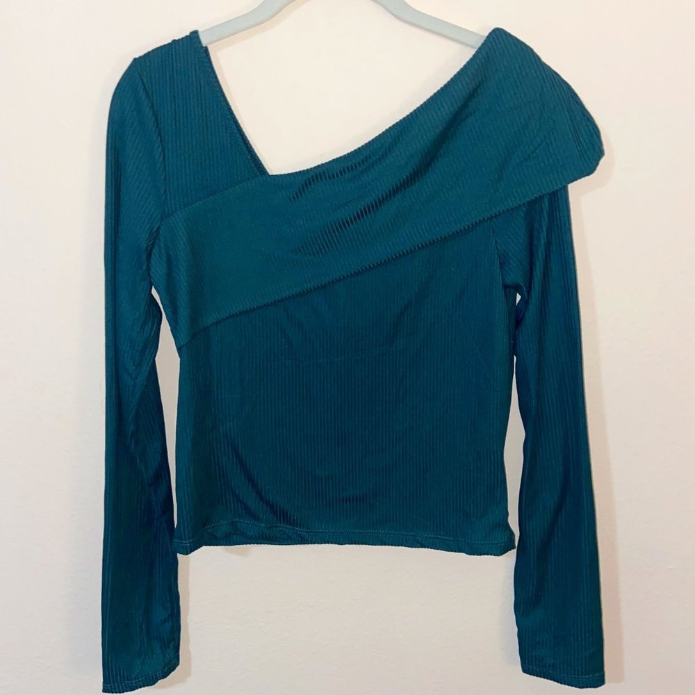 Good Luck Gem Dark Green Asymmetrical Long Sleeve Top - Size L